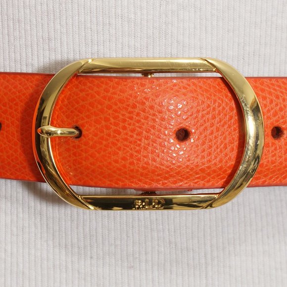 RALPH LAUREN Mandarin Orange Pebbled Leather Oval Buckle Logo Belt M - Picture 4 of 5